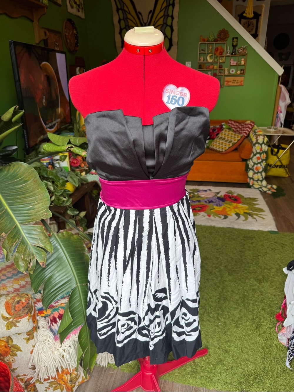 Black Strapless Dress with Fuchsia Waistband and Black-White Skirt